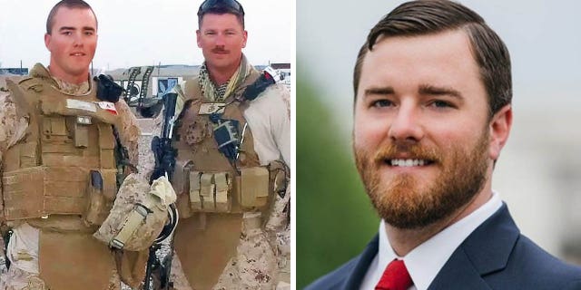 Cole Lyle (at left) with another Marine; today (at right), he's with Mission Roll Call. Lyle works on the critical issue of veteran suicide, along with other issues, through advocacy.