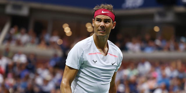Rafael Nadal of Spain reacts during his match against Frances Tiafoe of the United States during their fourth round match at the US Open in New York on September 5, 2022.