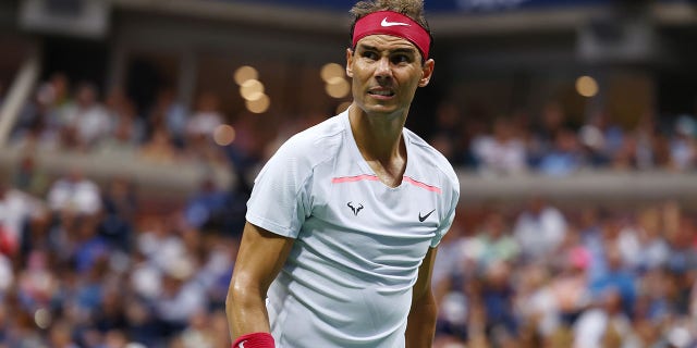 Rafael Nadal of Spain reacts during his match against Frances Tiafoe of the United States during their fourth-round match at the U.S. Open in New York on Sept. 5, 2022.