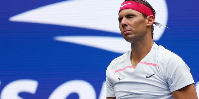 Rafael Nadal of Spain reacts during his match against Frances Tiafoe of the United States during their fourth-round match at the U.S. Open in New York on Sept. 5, 2022.