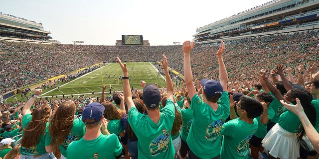 A view of Notre Dame Stadium as fans celebrate during a game between the Notre Dame Fighting Irish and Toledo Rockets Sept. 11, 2021, in South Bend, Ind.