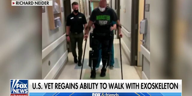 Army veteran Richard Neider takes his first steps with a robotic exoskeleton in this video that aired on "Fox and Friends" on Sept. 15, 2022.