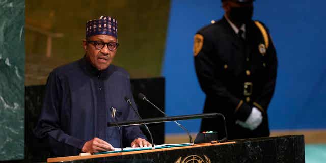 Nigerian President Muhammadu Buhari speaks at the United Nations General Assembly on Sept. 21, 2022, at the United Nations Headquarters in New York.