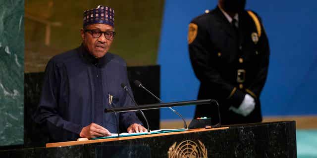 Nigerian President Muhammadu Buhari speaks at the United Nations General Assembly on Sept. 21, 2022, at the United Nations Headquarters in New York.