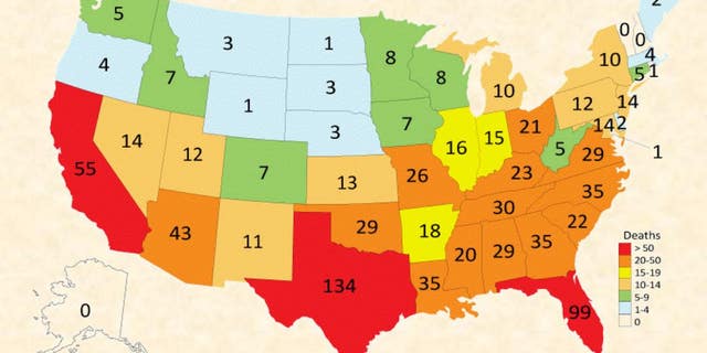 A color-coded map shows all the reported pediatric vehicular heatstroke deaths in the U.S. from 1998 through 2021.