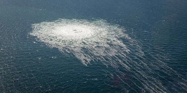 Danish Defense shows the gas leaking at Nord Stream 2 seen from the Danish F-16 interceptor on Bornholm, Denmark, on Sept. 27, 2022.