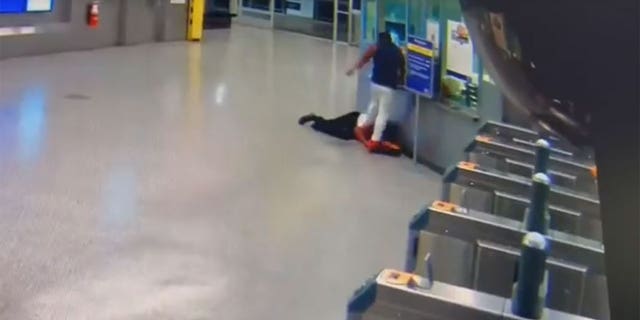 A homeless man seen repeatedly kicking a 33-year-old female straphanger.