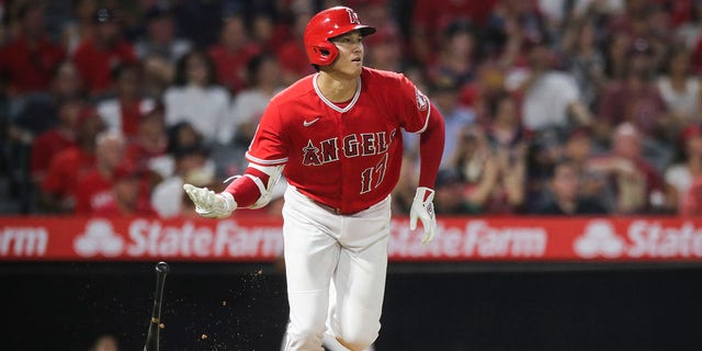 Shohei Ohtani of the Los Angeles Angels hits a two-run home run in the third inning against the Detroit Tigers at Angel Stadium of Anaheim Sept. 5, 2022, in Anaheim, California.