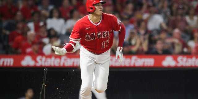 Shohei Ohtani of the Los Angeles Angels hits a two-run homer in the third inning against the Detroit Tigers on Sept. 5, 2022 at the Angel Stadium of Anaheim in Anaheim, California.