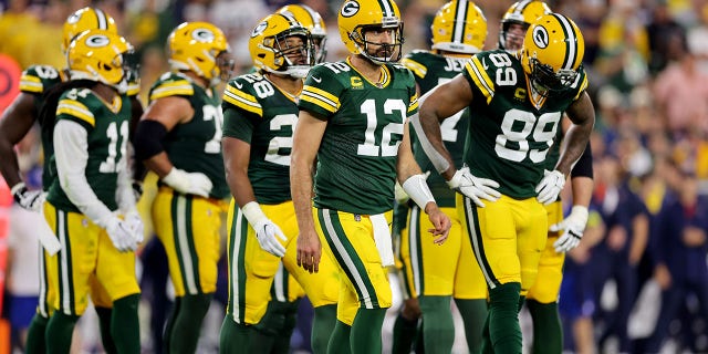 Aaron Rodgers #12 of the Green Bay Packers came on the field in the second quarter of September 18, 2022 in a game against the Chicago Bears at Lambeau Field in Green Bay, Wisconsin.