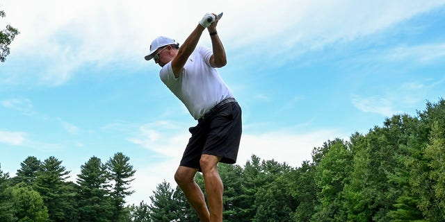 Team captain Phil Mickelson of Hy Flyers GC plays a shot from the second tee during the LIV Golf Invitational — Boston at The Oaks golf course at The International Sept. 3, 2022, in Bolton, Mass.