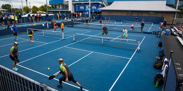 Amateur pickleball players play mixed doubles matches during the Professional Pickleball Association (PPA) Baird Wealth Management Open at the Lindner Family Tennis Center. 