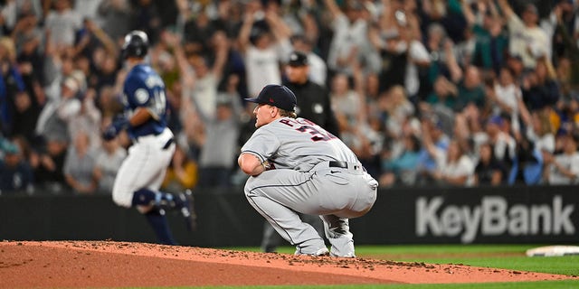 Zach Plesac of the Cleveland Guardians reacts to a solo home run by Julio Rodriguez of the Seattle Mariners during the third inning at T-Mobile Park Aug. 27, 2022, in Seattle. 