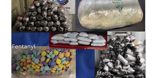 U.S. Customs and Border Protection (CBP) shared an image compilation of blue fentanyl pills, multi-colored fentanyl pills and methamphetamine seized by officers at the Port of Nogales, Arizona, over the weekend. 