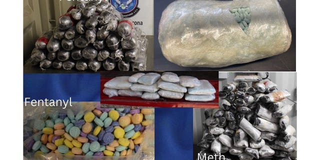 U.S. Customs and Border Protection (CBP) shared an image compilation of blue fentanyl pills, multi-colored fentanyl pills and methamphetamine seized by officers at the Port of Nogales, Arizona, over the weekend. 