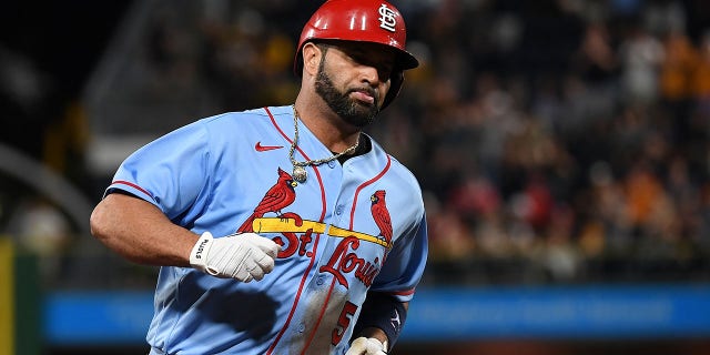 Albert Pujols #5 of the St. Louis Cardinals rounds bases after hitting a two-run homer in the sixth inning against the Pittsburgh Pirates on Sept. 10, 2022 at PNC Park in Pittsburgh, Pennsylvania. The home run was the 696th of Pujols' career.