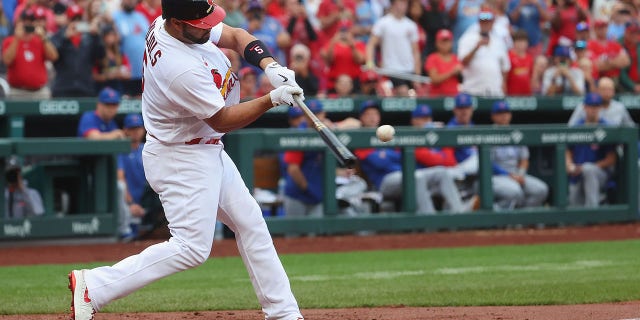 Albert Pujols of the St. Louis Cardinals hits the go-ahead, two-run home run, his 695th career home run, against the Chicago Cubs in the eighth inning at Busch Stadium on Sept. 4, 2022, in St Louis, Missouri.