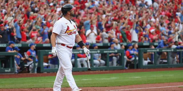 Albert Pujols of the St. Louis Cardinals hits the go-ahead, two-run home run, his 695th career home run, against the Chicago Cubs in the eighth inning at Busch Stadium on Sept. 4, 2022, in St Louis, Missouri.