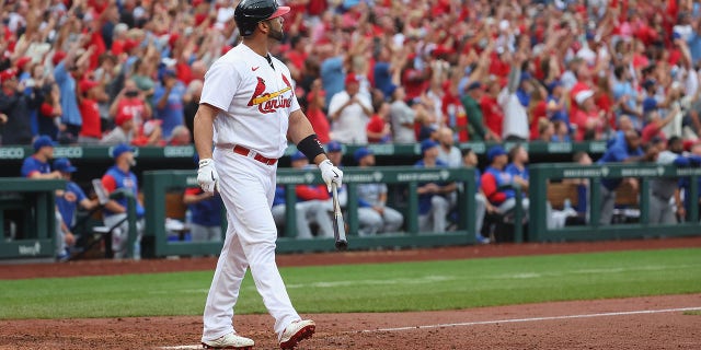 Albert Pujols of the St. Louis Cardinals hits the go-ahead, two-run home run, his 695th career home run, against the Chicago Cubs in the eighth inning at Busch Stadium on Sept. 4, 2022, in St Louis, Missouri.