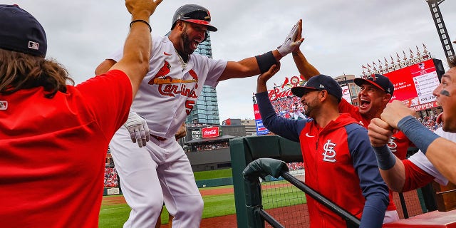 St. Louis Cardinals' Albert Pujols celebrates after hitting a go-ahead two-run homer for his 695th career home run in the eighth inning against the Chicago Cubs on Sept. 4, 2022 at Busch Stadium in St. Louis. I was.  , Missouri.