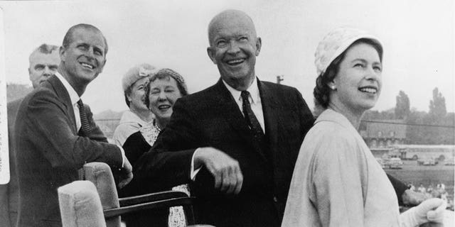 President Eisenhower, with first lady Mamie Eisenhower, Queen Elizabeth II, Prince Philip and Canadian Prime Minister John Diefenbaker and his wife, attend the St. Lawrence Seaway opening on June 26, 1959. 