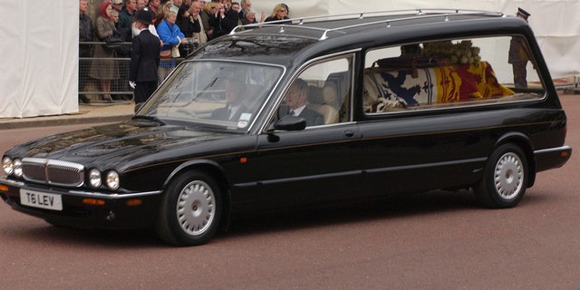 The Queen Mother's coffin was carried by a Jaguar hearse in 2002.