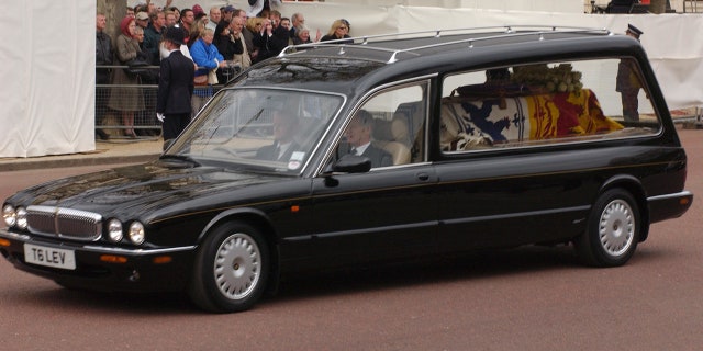 The Queen Mother's coffin was carried by a Jaguar hearse in 2002.