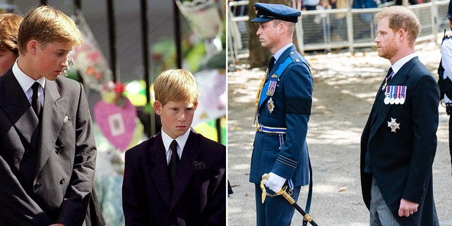 Prince William and Prince Harry (pictured left in 1997, right on Wednesday) mourned the loss of Queen Elizabeth II during a funeral procession similar to Princess Diana's.