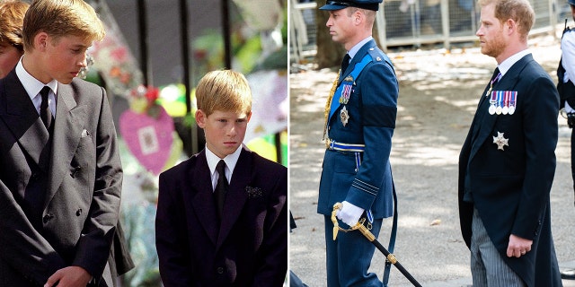 Prince William and Prince Harry (pictured left in 1997, right on Wednesday) mourned the loss of Queen Elizabeth II during a funeral procession similar to Princess Diana's.