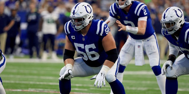 Quenton Nelson #56 of the Indianapolis Colts during a game against the Seattle Seahawks at Lucas Oil Stadium in Indianapolis, Indiana on September 12, 2021.