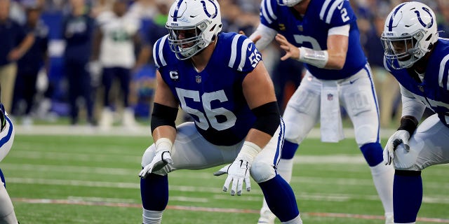 Quenton Nelson #56 of the Indianapolis Colts during a game against the Seattle Seahawks at Lucas Oil Stadium in Indianapolis, Indiana on September 12, 2021.