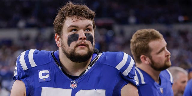 Quenton Nelson #56 of the Indianapolis Colts is seen during the game against the Las Vegas Raiders at Lucas Oil Stadium on January 2, 2022 in Indianapolis, Indiana.