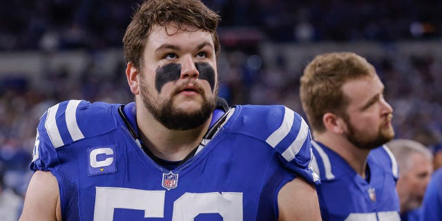 Quenton Nelson #56 of the Indianapolis Colts is seen during the game against the Las Vegas Raiders at Lucas Oil Stadium on January 2, 2022 in Indianapolis, Indiana.