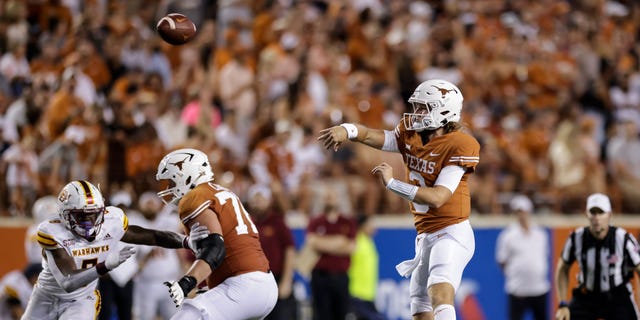 Quinn Ewers of the Longhorns throws against the Louisiana Monroe Warhawks at Darrell K Royal-Texas Memorial Stadium on Sept. 3, 2022, in Austin.