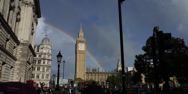A double rainbow is seen over Elizabeth Tower in Westminster, London, following a rain shower on Sept. 8, 2022.