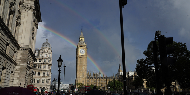 A double rainbow is seen over Elizabeth Tower in Westminster, London, following a rain shower on Sept. 8, 2022.