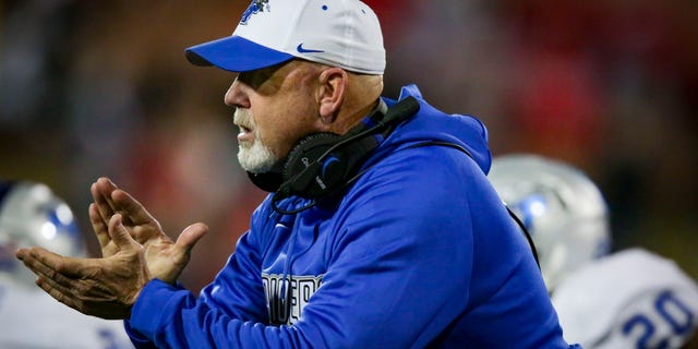 Head Coach Rick Stockstill of the Middle Tennessee Blue Raiders reacts to a play against Western Kentucky at L.T. Smith Stadium on Nov. 17, 2017 in Bowling Green, Ky.