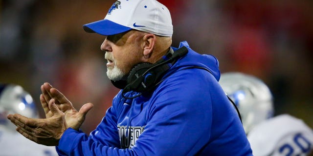 Head Coach Rick Stockstill of the Middle Tennessee Blue Raiders reacts to a play against Western Kentucky at L.T. Smith Stadium on Nov. 17, 2017 in Bowling Green, Ky.