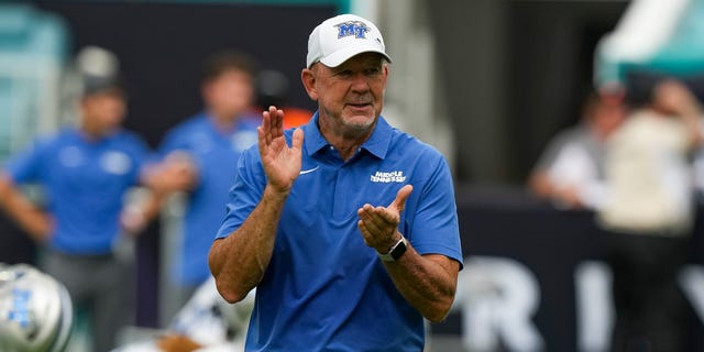 Head Coach Rick Stockstill of the Middle Tennessee Blue Raiders during pregame before the game against the Miami Hurricanes on Sept. 24, 2022 in Miami Gardens, Fla.