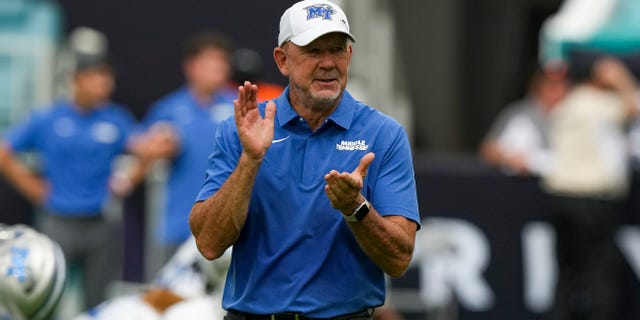 Head Coach Rick Stockstill of the Middle Tennessee Blue Raiders during pregame before the game against the Miami Hurricanes on Sept. 24, 2022 in Miami Gardens, Fla.