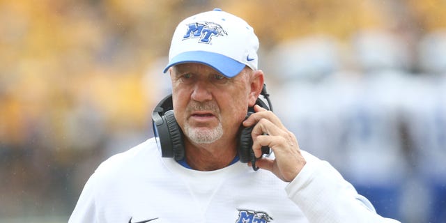 Head coach Rick Stockstill of the Middle Tennessee Blue Raiders walks the sidelines in the first half against the Iowa Hawkeyes, on Sept. 28, 2019 at Kinnick Stadium in Iowa City, Iowa. 