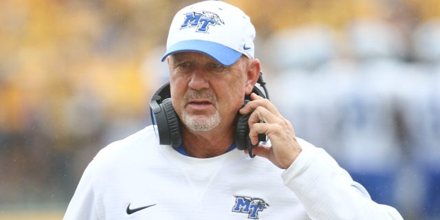 Head coach Rick Stockstill of the Middle Tennessee Blue Raiders walks the sidelines in the first half against the Iowa Hawkeyes, on Sept. 28, 2019 at Kinnick Stadium in Iowa City, Iowa. 