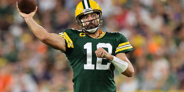 Aaron Rodgers #12 of the Green Bay Packers throws a pass during the second quarter in the game against the Chicago Bears at Lambeau Field on September 18, 2022, in Green Bay, Wisconsin.