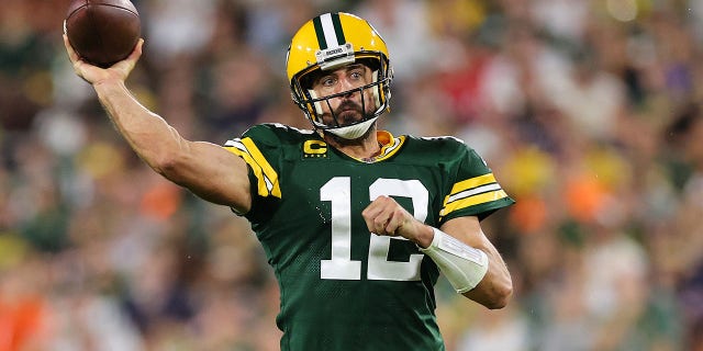 Aaron Rodgers #12 of the Green Bay Packers throws a pass during the second quarter during a game against the Chicago Bears at Lambeau Field on Sept. 18, 2022 in Green Bay, Wisconsin.