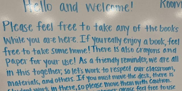 A teacher shared a note of welcome and instruction on her whiteboard for Florida families evacuating their homes due to Hurricane Ian.