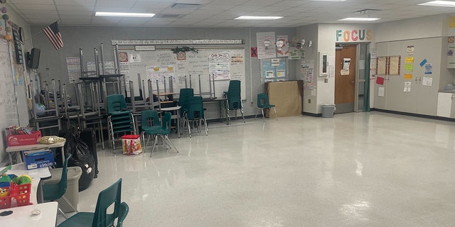 This image of a classroom inside Lockhart Elementary Magnet School in Tampa, Florida, shows students' chairs stacked up as the school prepares to shelter Floridians amid Hurricane Ian's arrival.