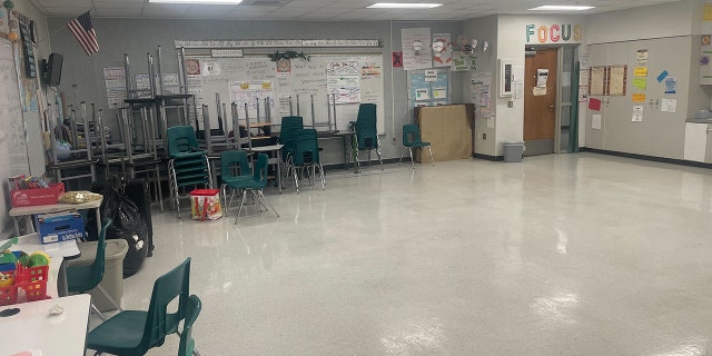 This image of a classroom inside Lockhart Elementary Magnet School in Tampa, Florida shows students' chairs piled high as the school prepares to house Floridians amid the arrival of the Hurricane Ian.