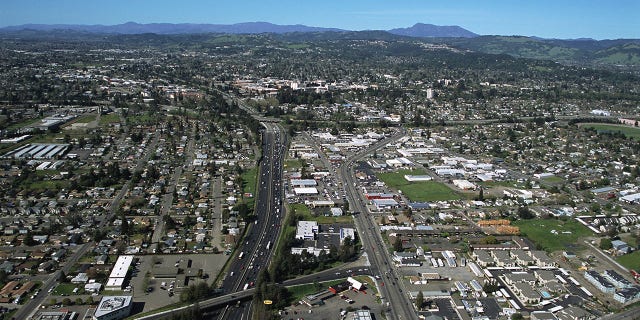 Downtown Santa Rosa with Hwy. 101 passing through its middle is viewed in 2006.