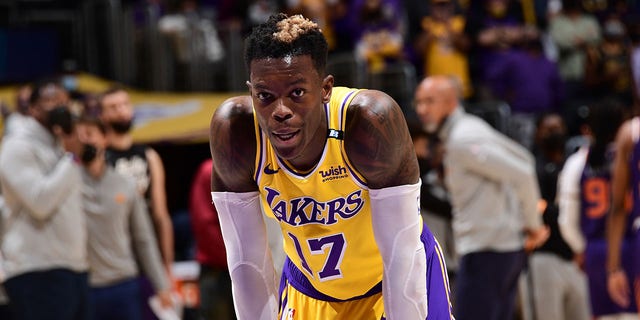 Dennis Schroder of the Los Angeles Lakers during a game against the Phoenix Suns during Game 3 of the First Round of the NBA Playoffs on May 27, 2021 at Staples Center in Los Angeles.
