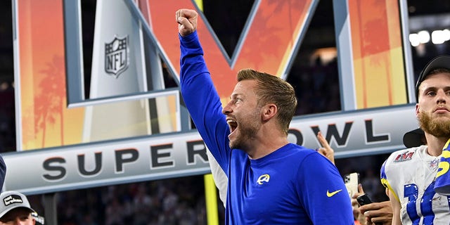 Los Angeles Rams coach Sean McVay and Cooper Kupp (10) on stage after winning the Super Bowl against the Cincinnati Bengals at SoFi Stadium in Inglewood, Calif., Feb. 13, 2022.